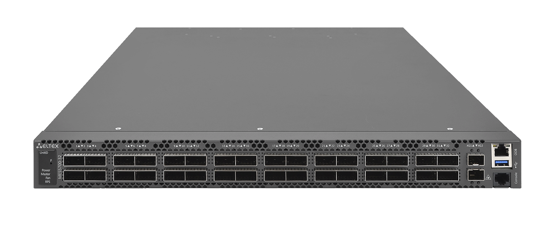 Eltex Коммутатор Eltex MES5700-32: 32 порта 400G QSFP56-DD, 2 порта 10G SFP+